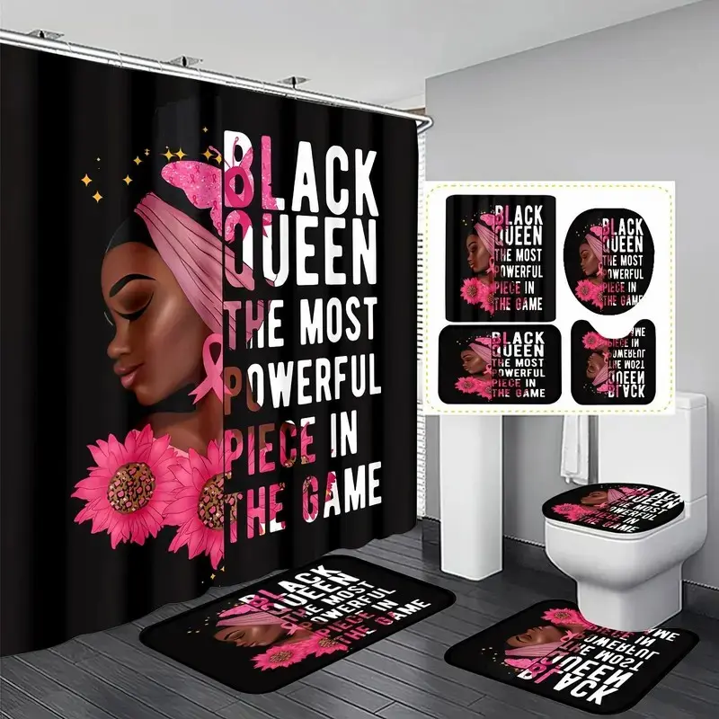 Queen Pattern Bathroom Curtain Set, Shower Curtain Sets, Shower Curtain Set With Rugs, Includes Shower Curtain, Toilet U-Shaped Mat, Bath Rug, and Toilet Lid Cover, Bathroom Decor Accessories