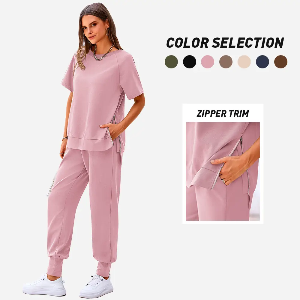 PrettyGarden Women's 2-Piece Summer Outfit Pants Set Comfy Crew Neck Tracksuits with Short Sleeves, Pockets, and Loungewear for Comfort - Womenswear,C