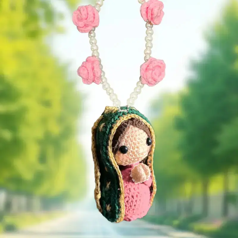 Virgin Mary Crochet Car Hanging, Our Lady of Guadalupe Rearview Mirror Charm, Catholic Car Decor, Religious Crochet Gift
