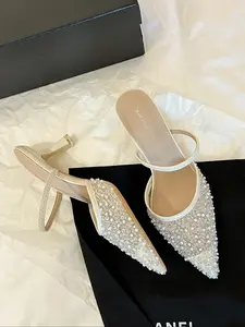 Spring Summer New Elegant Sequin Mesh Pointed Toe Stiletto High Heel Women Sandals, European Style Commuter Wedding Shoes Footwear
