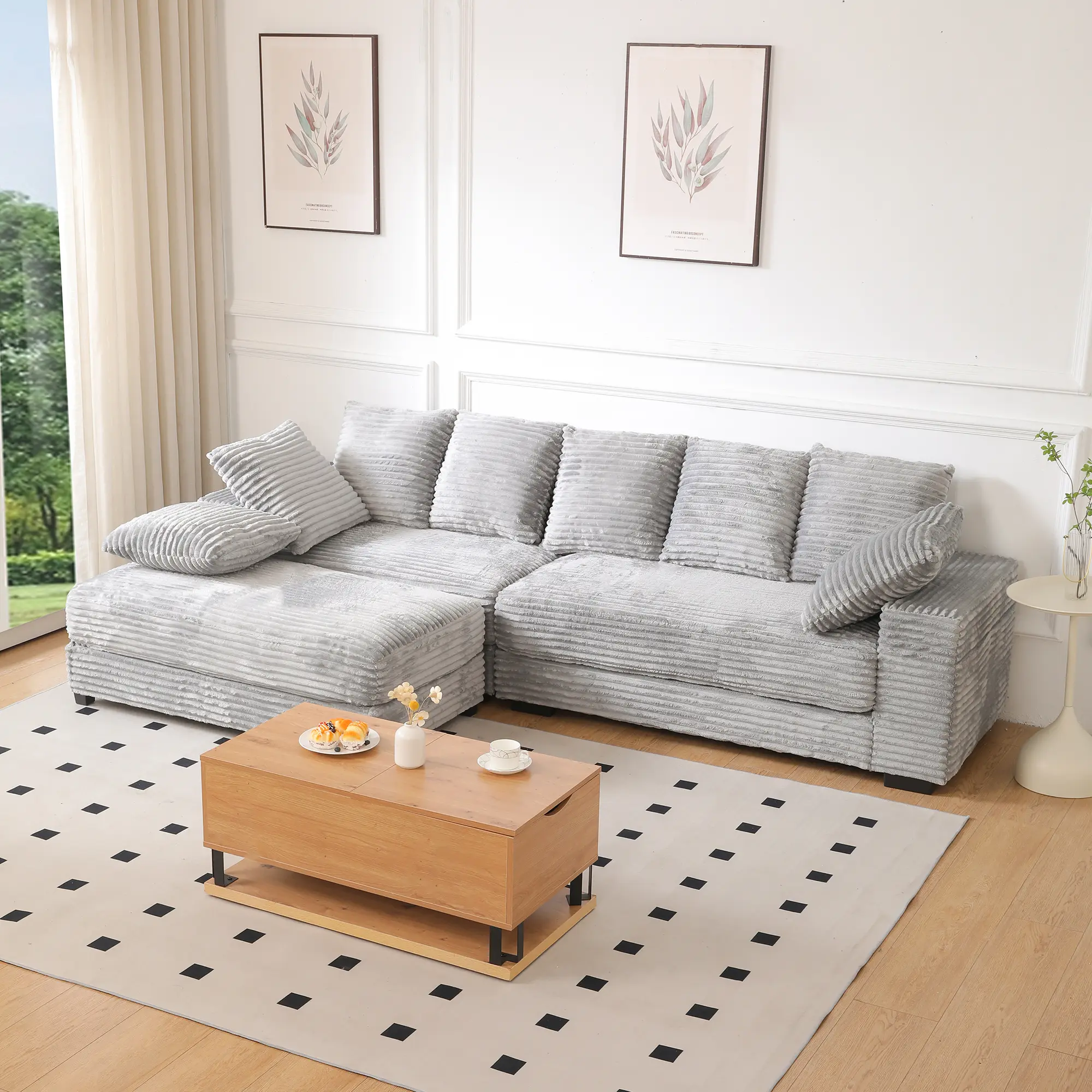 Niccae 108.6" Sectional Sofa, Thickened Corduroy Sectional Couches For Living Room,comfortable L-shaped Chaise Sectional Sofa With Storage Ottoman,Eight Throw Pillows,Beige