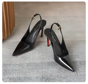 Women Pointed Toe Slingback Stiletto Heels, Patent Leather High Heels Dress Pumps with Adjustable Buckle, Closed Toe Backless Pumps for Wedding, Party, Evening, Office, Prom, Formal Dress Shoes, Black Nude