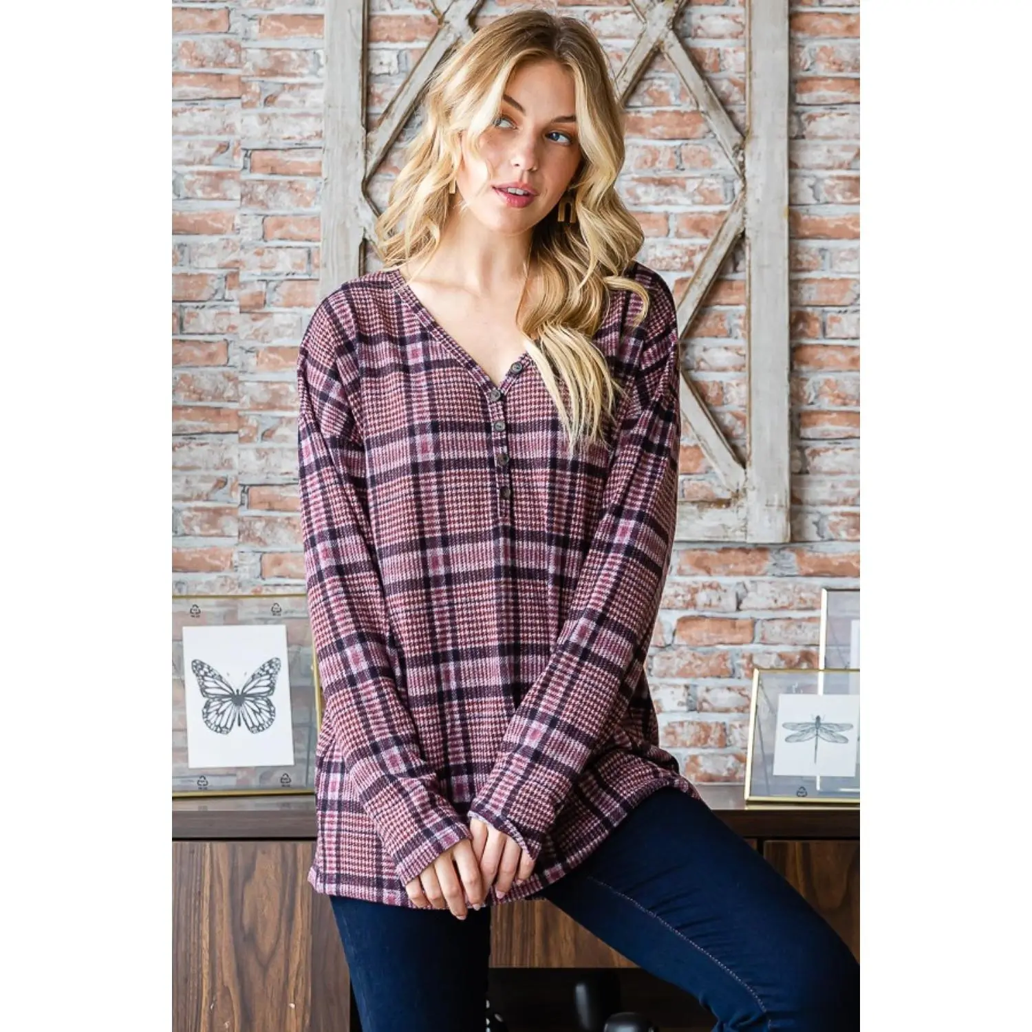 Heimish Full Size Plaid V-Neck Long Sleeve Top