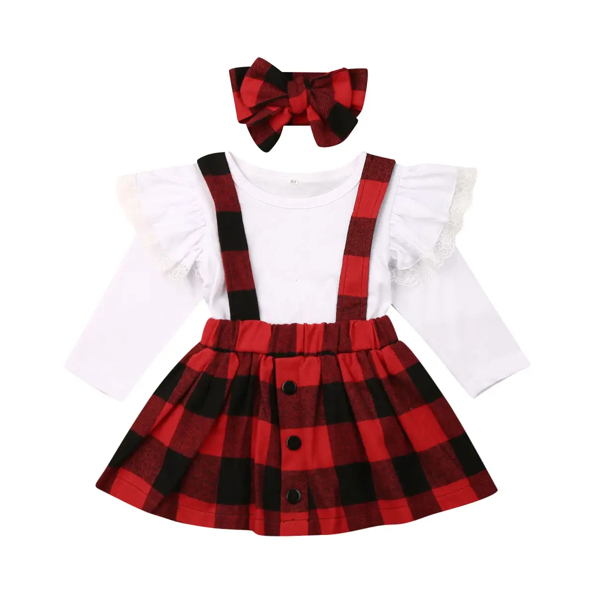 LAGKIYOJ Toddler Baby Girls Christmas Clothes Outfit Long Sleeve Ruffled Lace Top + Plaid Suspender Skirt + Bowknot Headband