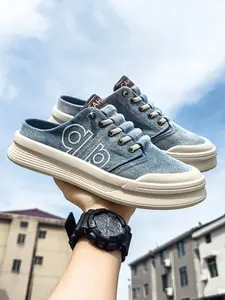 Men's Casual Denim Half Slippers, Closed-Toe Backless Slip-On Sneakers, Non-Slip Platform Sole, Comfortable Breathable Mules for Outdoor Use