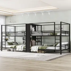 Queen size Quadruple Metal Bunk Bed,Quadruple Metal Bunk Bed with Built-in Storage Shelves & Wardrobe,Sturdy Metal Frame with Noise-reduced Design,Black