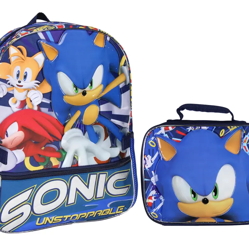 Sonic The Hedgehog Tails And Knuckles Kids School Travel Backpack 2 Piece Set With Detachable Lunch Box