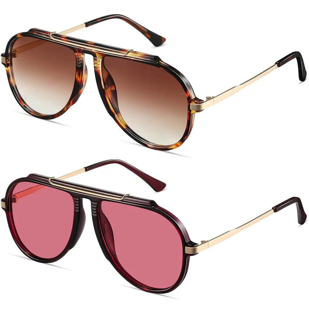 Women's Oversized 70s Retro Gold Metal Tangle-Free Square Aviator Sunglasses, 1-2Pcs 2026 Stylish Eyewear for Men, Fashion Accessories, Womens Sunglasses