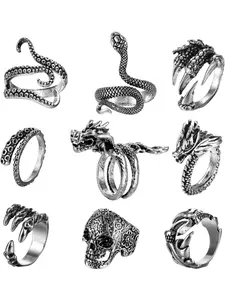 9 Pieces Vintage Punk Rings Octopus Dragon Snake Adjustable Ring for Men Women Silver Black Claw Skull Gothic Open Retro Cool Jewelry Ring Punk Style Ring Statement Rings