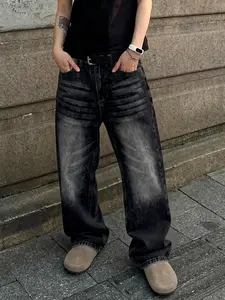 Men's Y2K Hip-Hop Style Black and Gray Gradient Stone Washed Jeans | Loose Baggy Street Style Jeans Retro Distressed Urban Street Casual Daily Wear