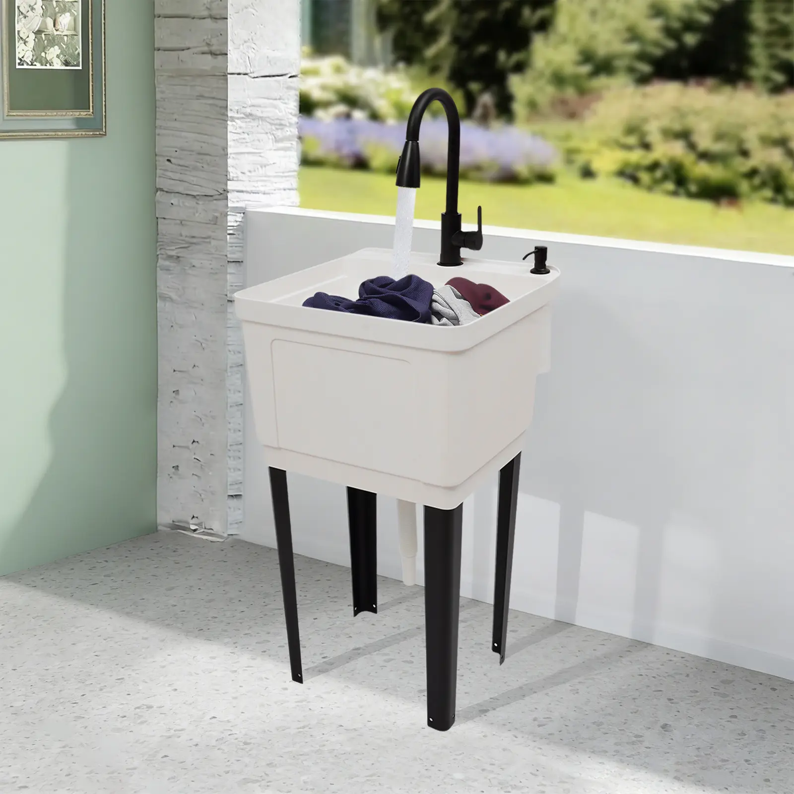 60L Laundry Sink with Pull Out Faucet 360 for Pet Bath Baby Tub Storage Rack Commercial Use