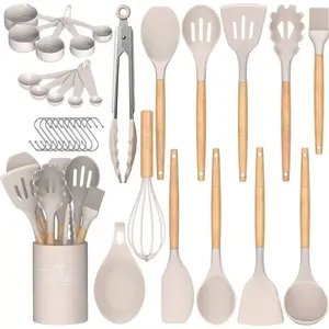 Kitchen Cooking Utensils Set, 33 pcs Non-Stick Silicone Cooking Kitchen Utensils Spatula Set with Holder, Wooden Handle Silicone Kitchen Gadgets Utensil Set (Khaki)