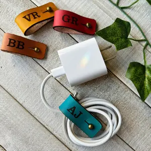 Large Leather Cord Holder | Personalized Initial Monogram  | Headphone Charge Cord Organizer | Gift for him | Custom Technology Gift Pack