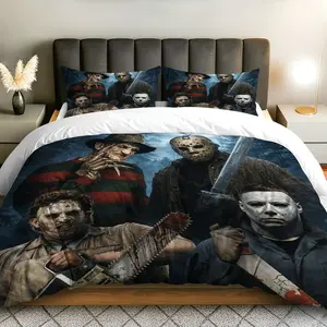 3PCS Duvet Cover Set, 1 Duvet+2 Pillowcases(Without filler), Horror Movie Characters theme, Halloween bedding set, Scary Decor Suitable for decoration bedroom, guest room, dormitory, themed hotel rooms.