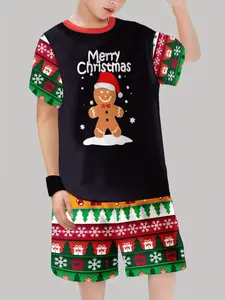 Boys' Fashion 3D Print Casual Hoodie Short Sleeve Shorts Set, Christmas Gingerbread Man Pattern, Perfect Gift for Outdoor Sports, Parties, Summer Play