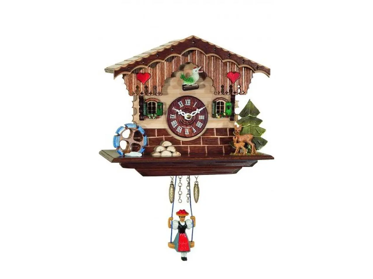 Engstler Classic German Handmade Wooden Cuckoo Clock - 6.5in H x 7in W x 4.5in D Small Natural Wood Finish, Hanging Decorative House Accent with Swing Motion, Birds-Themed Wall Statue Figurine for Home Supplies