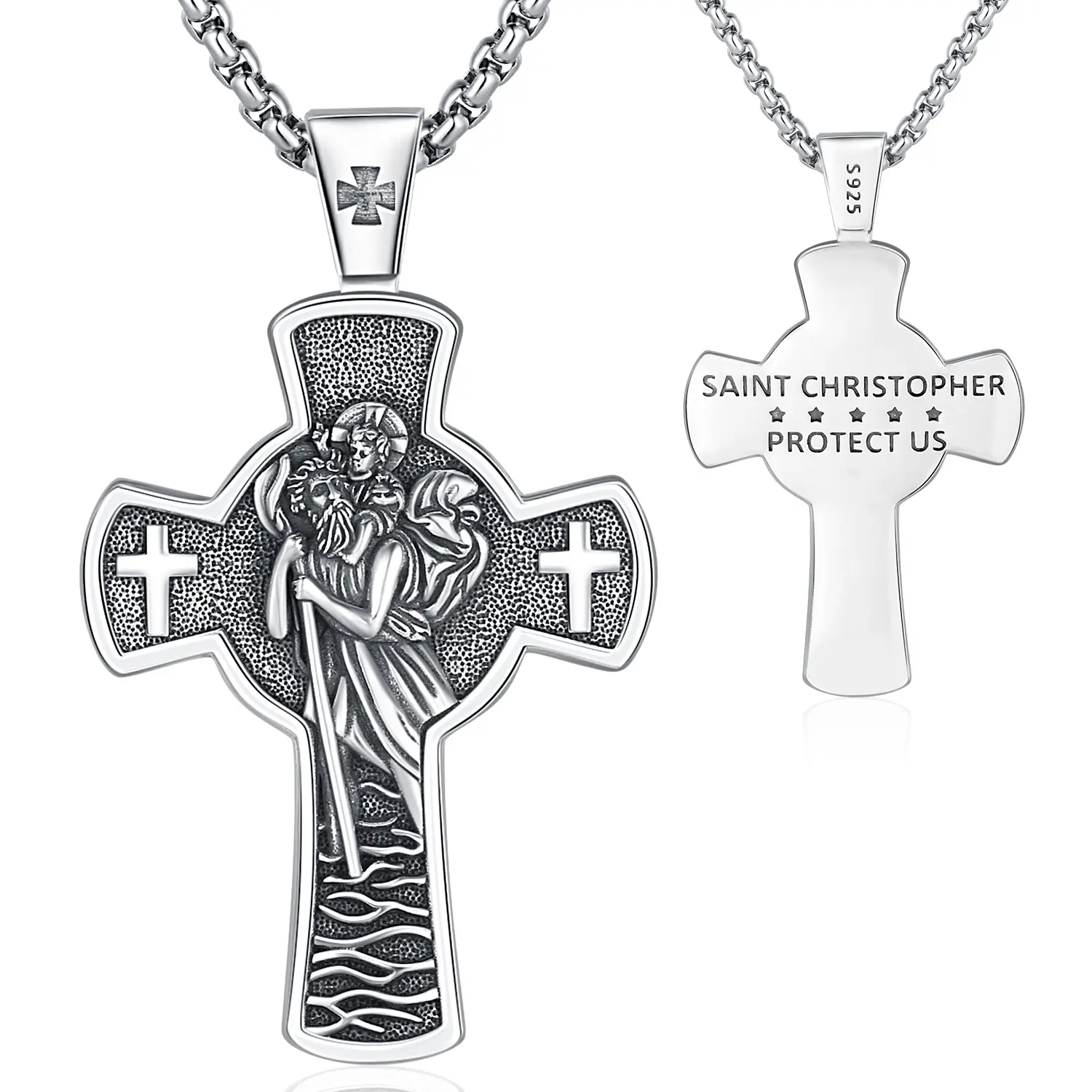 Bernashen S925 Sterling Silver Saint Christopher Cross Necklace St Christopher Medal Jewelry Bless Safety Religious Amulet Pendant Gift for Men,Women, Family, Parent, Friend