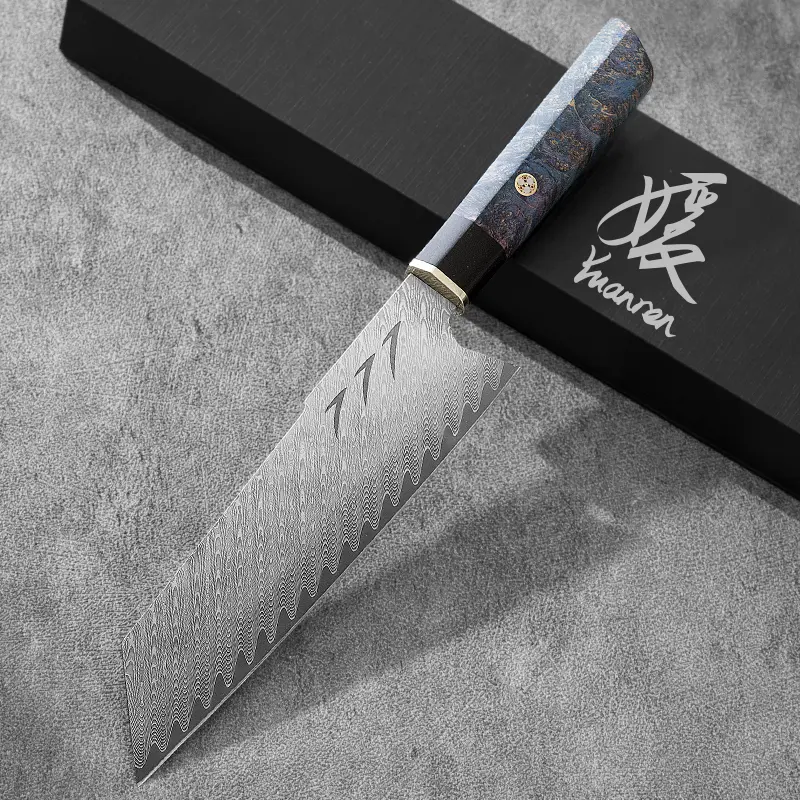 YUANREN 8-in Kirisuke-Bunka Hybrid Kitchen Knife - VG-10 67-Layer Damascus Blade with 777 Engraving, Burled Ebony & Maple Handle, 1-of-1 Unique Galaxy Color, Kitchen Knives Supplies