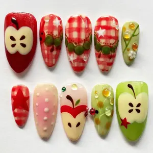 S116 Apple Picnic Press-On Nails, 3D Gingham & Fruit Charms, Red Green Pastel Theme, Custom Press-On Nail, Solana Nails Town