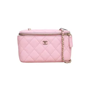 Pre-owned CHANEL leather Tote Bags Classic style long box makeup bag, no mirror, 17cm, pink, lychee C, 31 size, light gold buckle