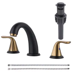 WOWOW Bathroom Sink Faucet 3 Holes Black Gold, Widespread Bathroom Faucet, Washroom Faucets with Pop Up Drain, Washroom Sink Faucets with 304 Stainless Steel Lead-Free Hose