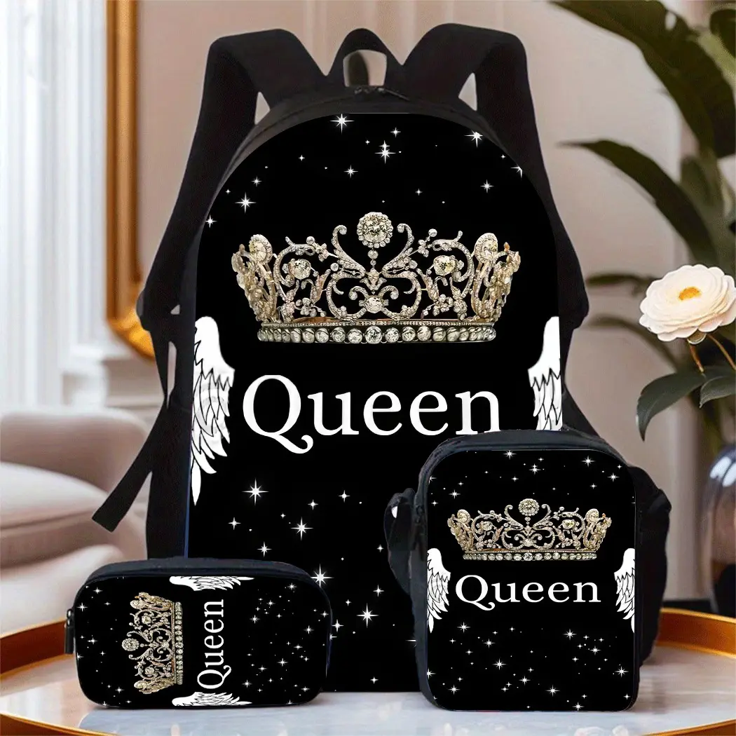3Pcs Queen Crown & Angel Wings Print Backpack Set, 600D Polyester Oxford Cloth Back to School Haul with Top Handle, Insulated Lunch Box, Pencil Case, Adjustable Breathable Straps, 15in Laptop Fit for Teens, 3Pcs Set, Adjustable Shoulder Straps