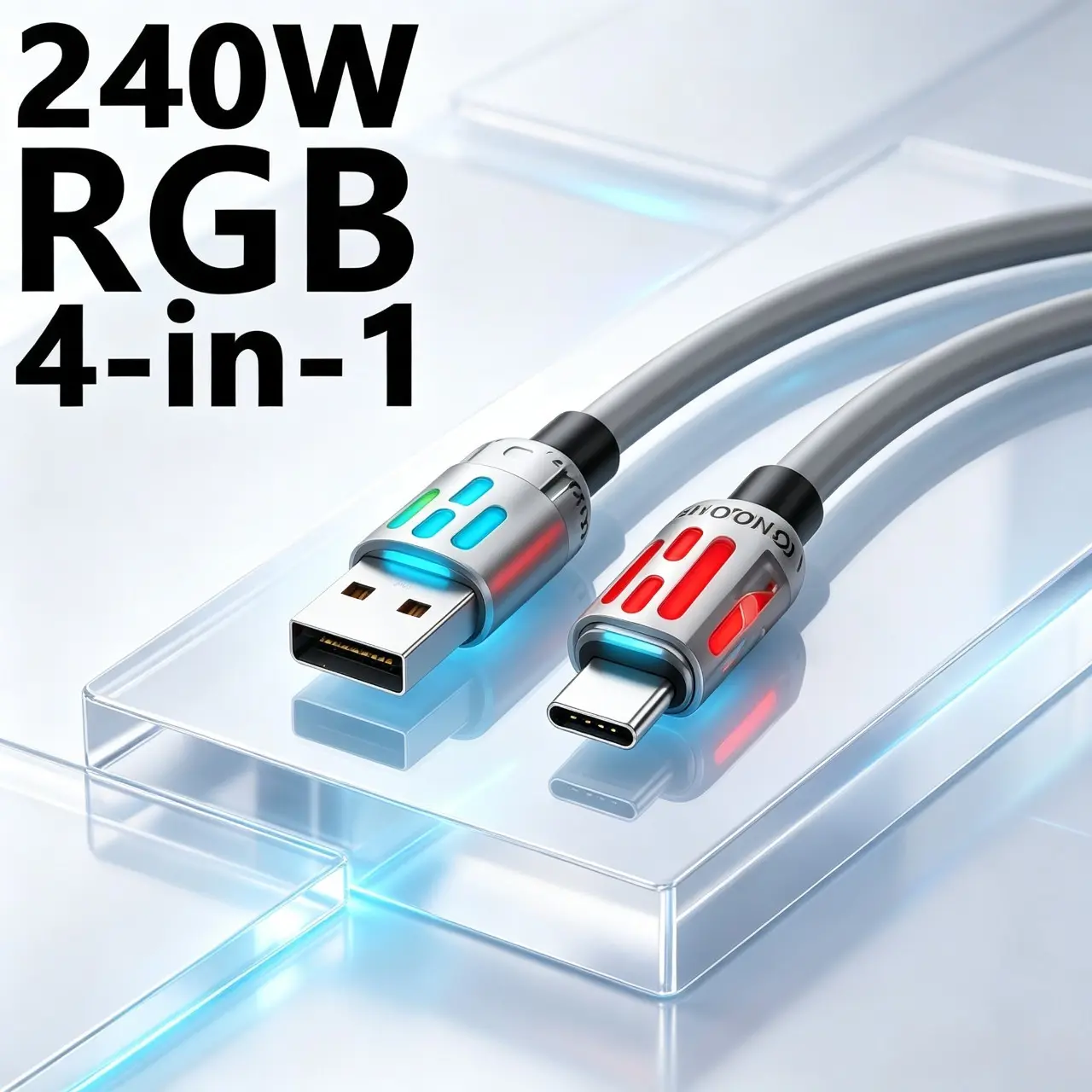 240W Fast Charging 4-in-1 Multi Charging Cord, Universal USB Type-C Lightning Cable with Breathing LED Light, Durable Multi Interface Charging Wire for Smartphones, Daily Essential Gift