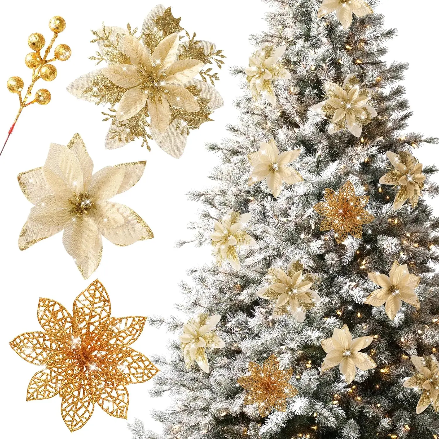 30pcs Poinsettia Artificial Christmas Flowers Decorations with Clips and Berry Stems Glitter Ornaments for Christmas Tree Wreath Fireplace Stairs Decor (Gold-3 Styles)