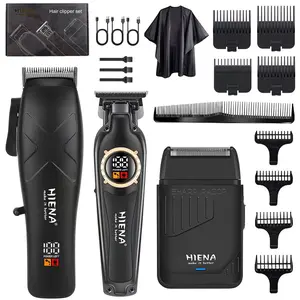 HIENA 3-Piece Professional Hair Clipper Set - USB Rechargeable, High Power Battery, Electric Shaver and Beard Trimmer with LCD Display - Men's Wireless Beauty Kit, Home Hair Clipper Set