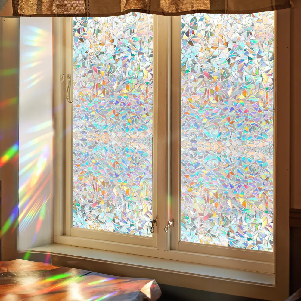 Reusable Rainbow Stained Glass Window Film, PVC Crescent Moon Prism Iridescent Static Cling Window Sticker, No Glue Removable Window Decal