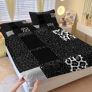 NO COMFORTER Multiple Size Black White Patchwork Leopard Fitted Sheet Set, Elastic Deep Pocket, 100% Microfiber, Stretchy Breathable, Machine Washable, All Season Use, Daily Bedroom Decor