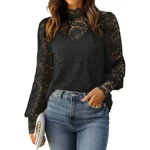 Lace Tops for Women Sheer Long Sleeve Blouses Dressy Casual Shirt with Camisole 2 PCS Set S-XXLGift