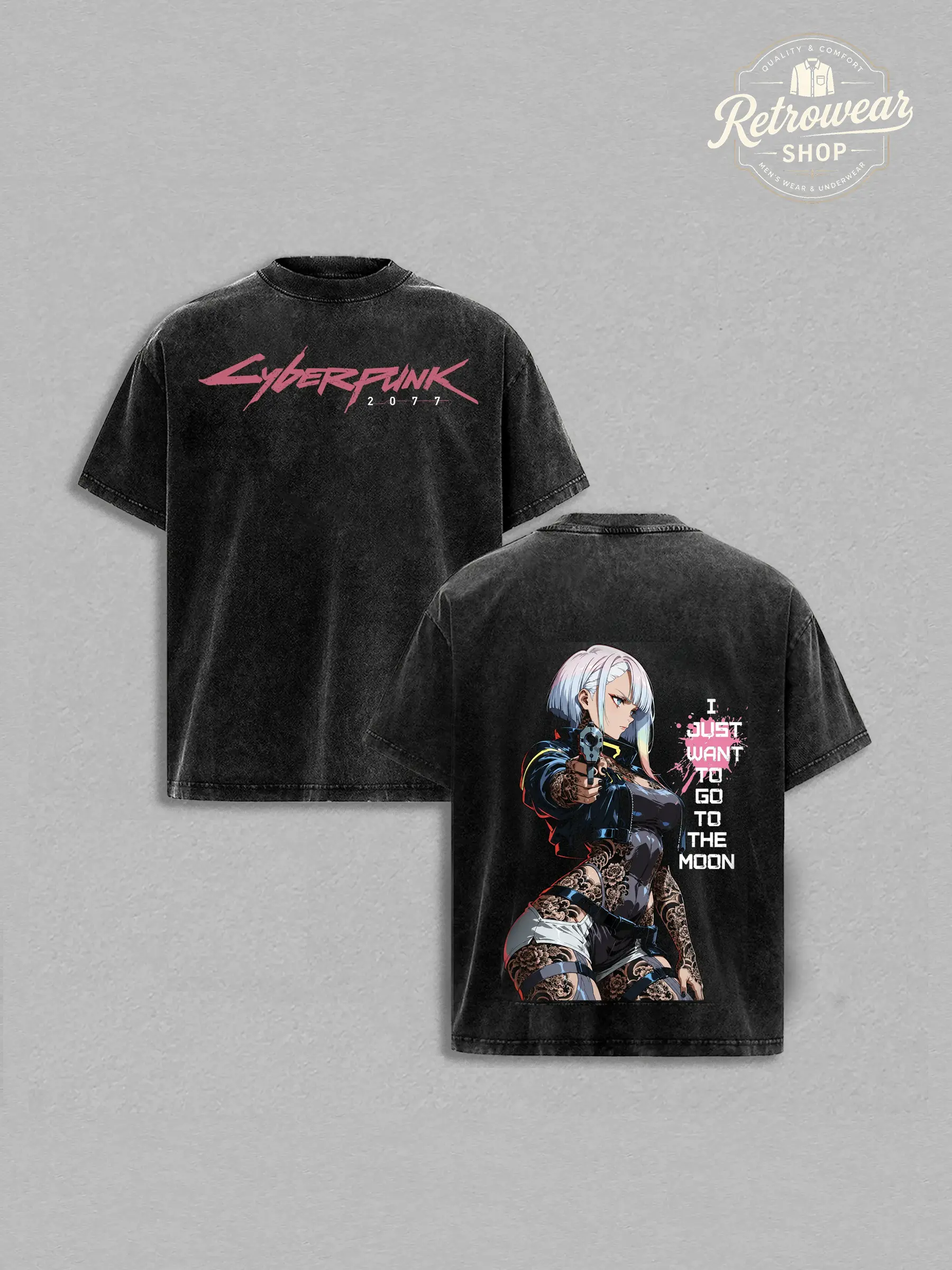 Men's Lucy Cyberpunk Edgerunners Vintage Washed Print Round Neck Short-Sleeve T-Shirt - Night City Style Menswear Tops, Shortsleeve, Shoulder Tape