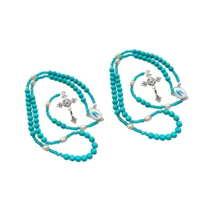 Meditations Turquoise Beads Rosary Necklace Catholic Prayer Crucifix Jewelry