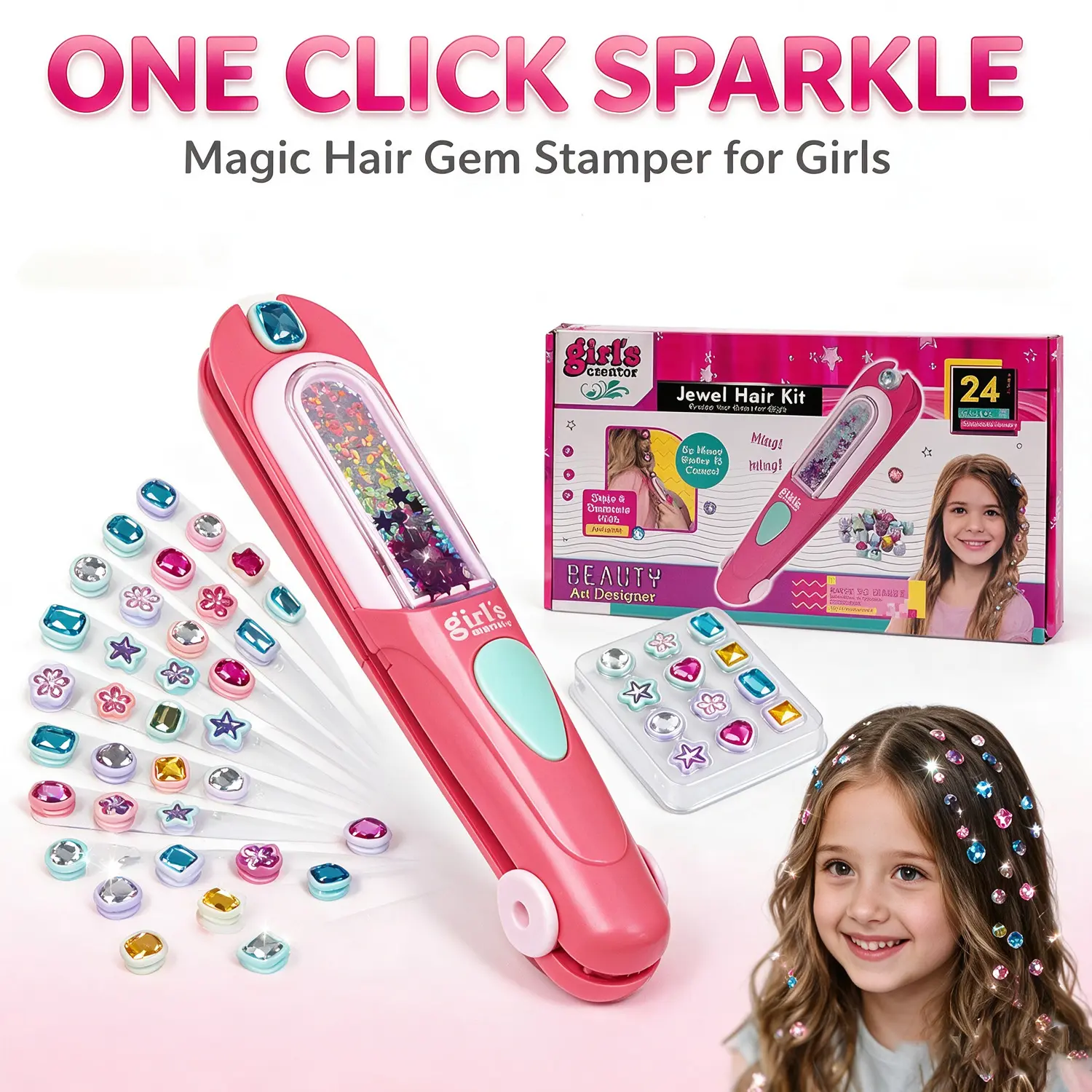 YI YUAN Hair Gem Stamper Kit - Bling Hair Jewels for Girls Toys - Hair Accessories with Reusable Shining Diamonds, Birthday Gifts for Girls 3 4 5 6 8-12