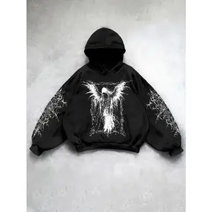 Y2K Dark Angel Themed Gothic Harajuku Pattern Printed Unisex Hoodie, Stylish Loose Streetwear Sweatshirt
