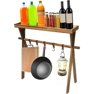 Portable Wooden Picnic Rack, with hanging hook, Lightweight Wood Outdoor Shelf Foldable Travel Camping Table Rack for Storage,Outdoor Kitchen,RV Picnic,BBQ,Home Storage