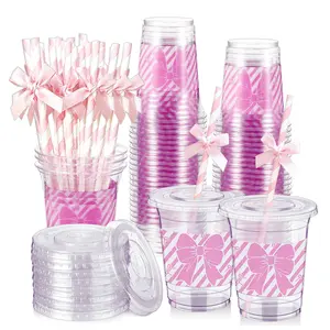 12 oz Reusable Pink Bow Plastic Party Cups with Lids and Straws Stylish Disposable Drinkware for Birthday Parties Celebrations 20 Pieces