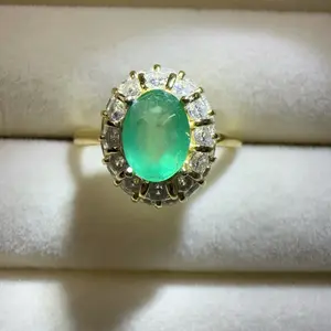 <PingEast jewelry > Emerald ring301—-925 Sterling Silver Gold-Tone Sunflower Ring | 5×7mm Oval Natural Emerald, Double-Layer Bezel Setting, with Certificate