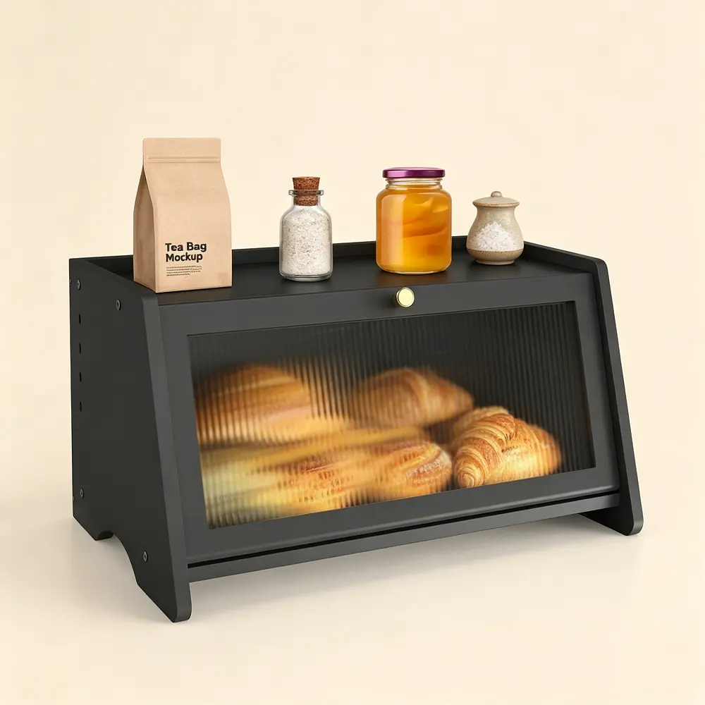 ManyDFYu Black Brushed Frosted Rectangle Bamboo Bread Container with Window, Modern Easy-to-Assemble Home Organizer Storage Box, Maintains Bread Freshness Viral Kitchen Solution