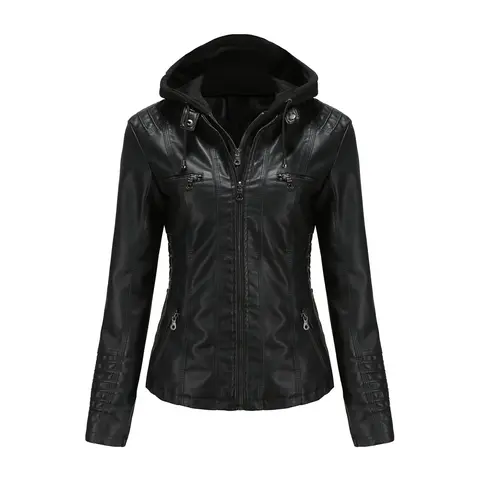 Women's Slim Fitted Black PU Faux Leather Biker Jacket - Long Sleeve Chic Street Style Outerwear, Removable Cowl Neck Hood, Work & Party Daily Wear Basic (S-2XL)
