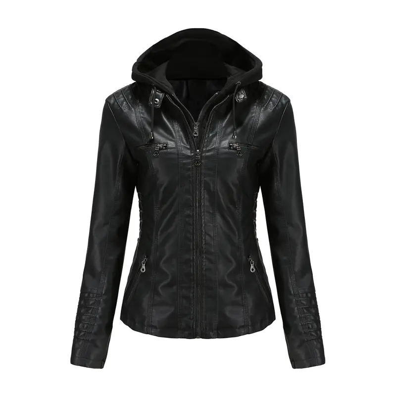 Women's Slim Fitted Black PU Faux Leather Biker Jacket - Long Sleeve Chic Street Style Outerwear, Removable Cowl Neck Hood, Work & Party Daily Wear Basic (S-2XL)