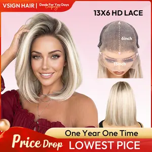 VSIGN 13x6 HD lace Front Glueless Ombre Ash Blonde Mixed Brown and Blonde Color Bob Style Low Density Synthetic Heat Resistant Fiber Vacation Holiday Travel Wig Soft Bob FIFA World Cup Deals For You Price Drop