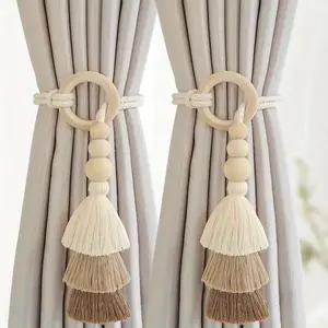Boho Chic Wooden Beaded Decorative Curtain Tieback with Tassel, Stylish Drape Holder for Bedroom, Living Room & Office Decor