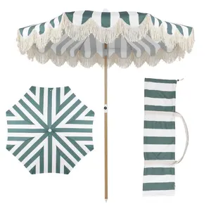 JONATHAN Y Mariner 6.5 ft Classic Cottage Fringe Tassel Market Beach Umbrella with Scallop Edge & Push Button Tilt Feature in Striped Green & White Canvas