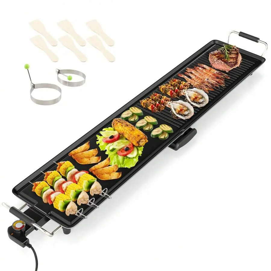 39.5'' Extra Large Electric Griddle W/ 2 Cooking Surface Adjustable Temperatures This tabletop griddle features adjustable temperature controls with 4 settings and built-in thermostat