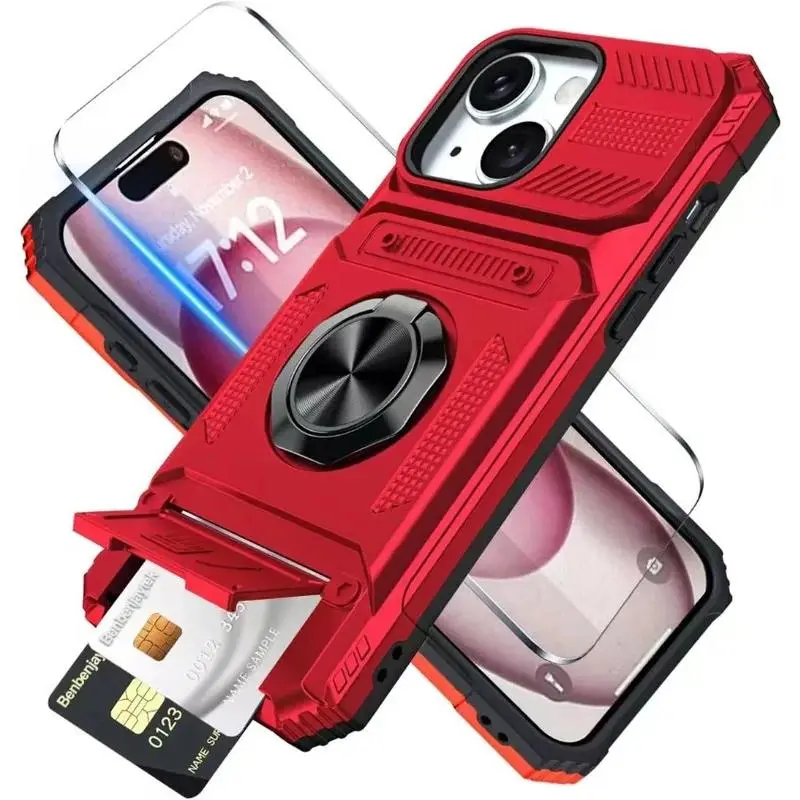 Military-Grade Polycarbonate Cellphone Cover, Magnetic Rotatable Ring Kickstand, Heavy-Duty Drop Protection, Cash & Card Holder for iPhone 11,13,14,15,16 Pro Max - Mobile Phone Accessories