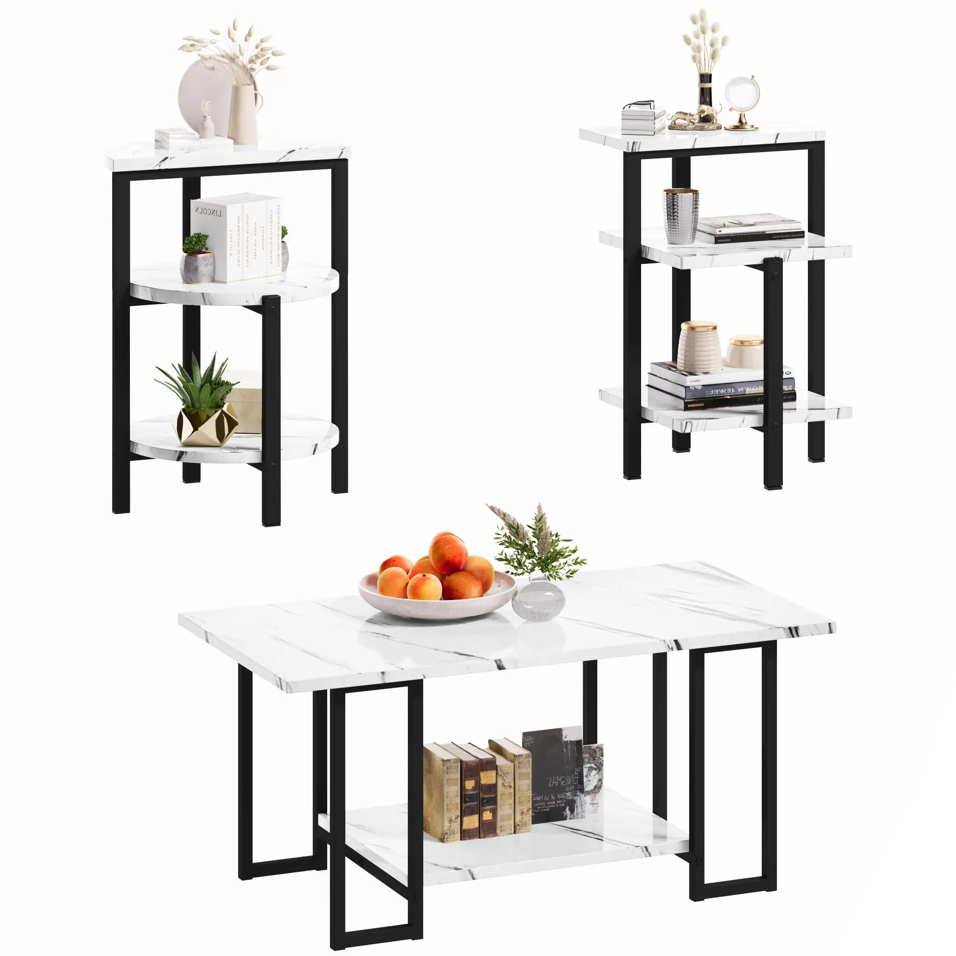 Lamerge Coffee Table Set of 3 with Rectangular Coffee Table, 2 Accent Tables, Faux Marble Top, Multi-Tier Storage for Small Spaces, Apartment Style Furniture Modern Minimal Home