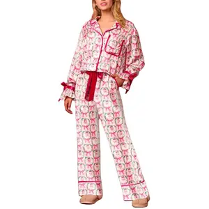 Women's Cute Christmas Pajama Set 2-piece Set with Bow Long Sleeve Shirt Wide Leg Pants Casual Clothing Set