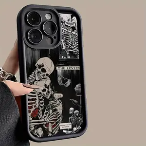 Black Skull Lovers Pattern Phone Case for iPhone 17 16 Pro Max 15 Plus 14 13 12 11  Air XR XS Shockproof Non Slip Military-Grade Protection Silicone Cover Protective Smartphone Casing